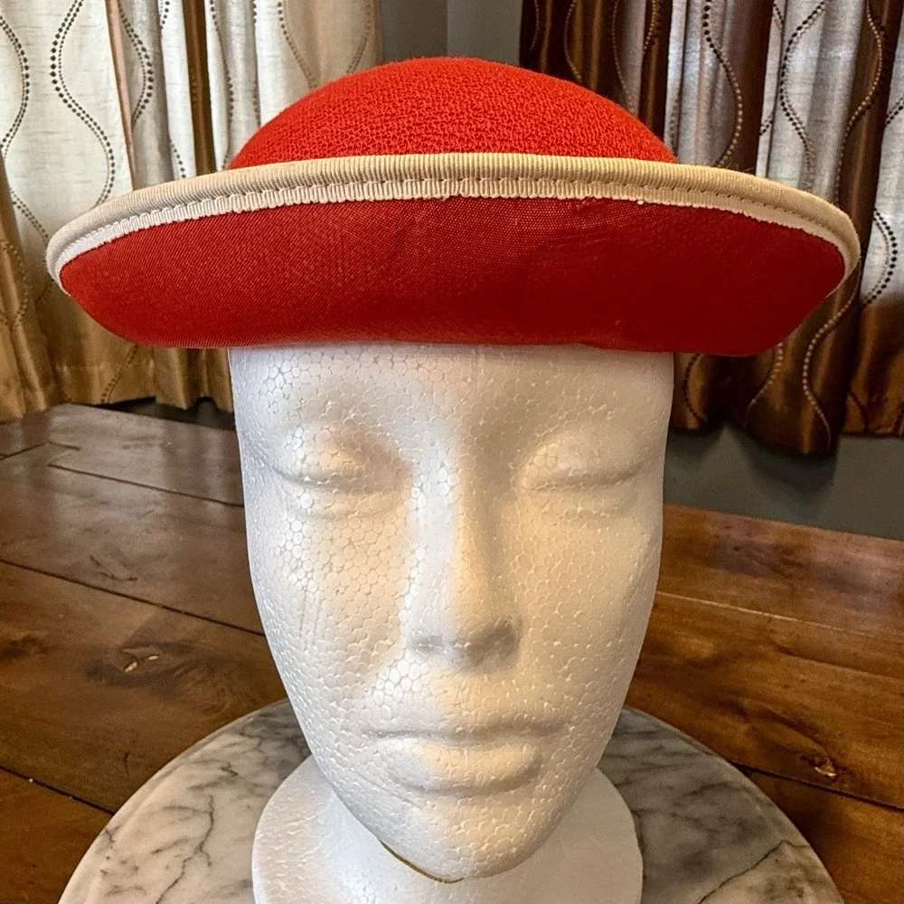 VTG 60s MCM Child Red Felt Hat White Ribbon Chin Elastic